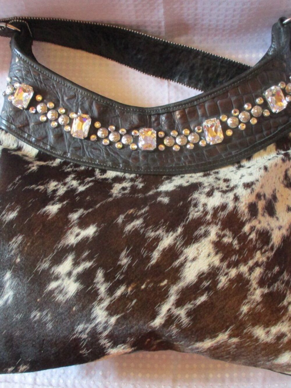 KurtMen Hair on Cow Hide & Leather Large Handbag w/Rhinestones & Metal Studs